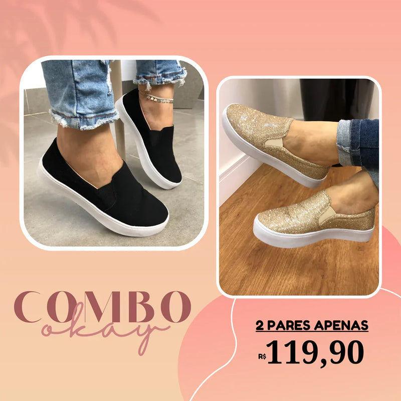 [MEGA PROMOÇÃO MÊS DO CONSUMIDOR] - COMBO OKAY!  2 PARES - Slip Ortopédico Glitter Gold + Slip Ortopédico Nobuc Preto